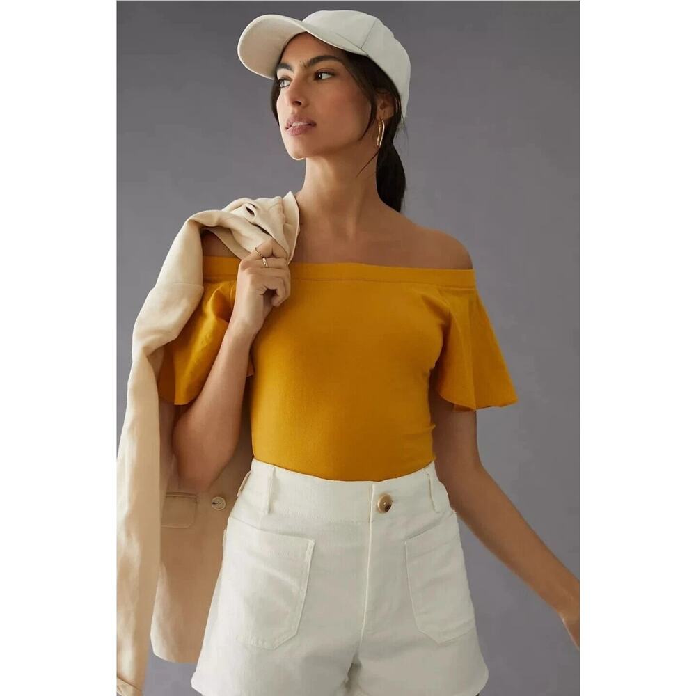 Anthropologie Maeve *IN YELLOW* Off The Shoulder Flutter Cotton Top Medium